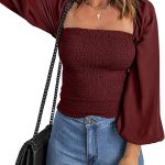 EVALESS Blouses for Women Puff Long Sleeve Square Neck Tops Off The Shoulder Floral Ladies Tops and Blouses